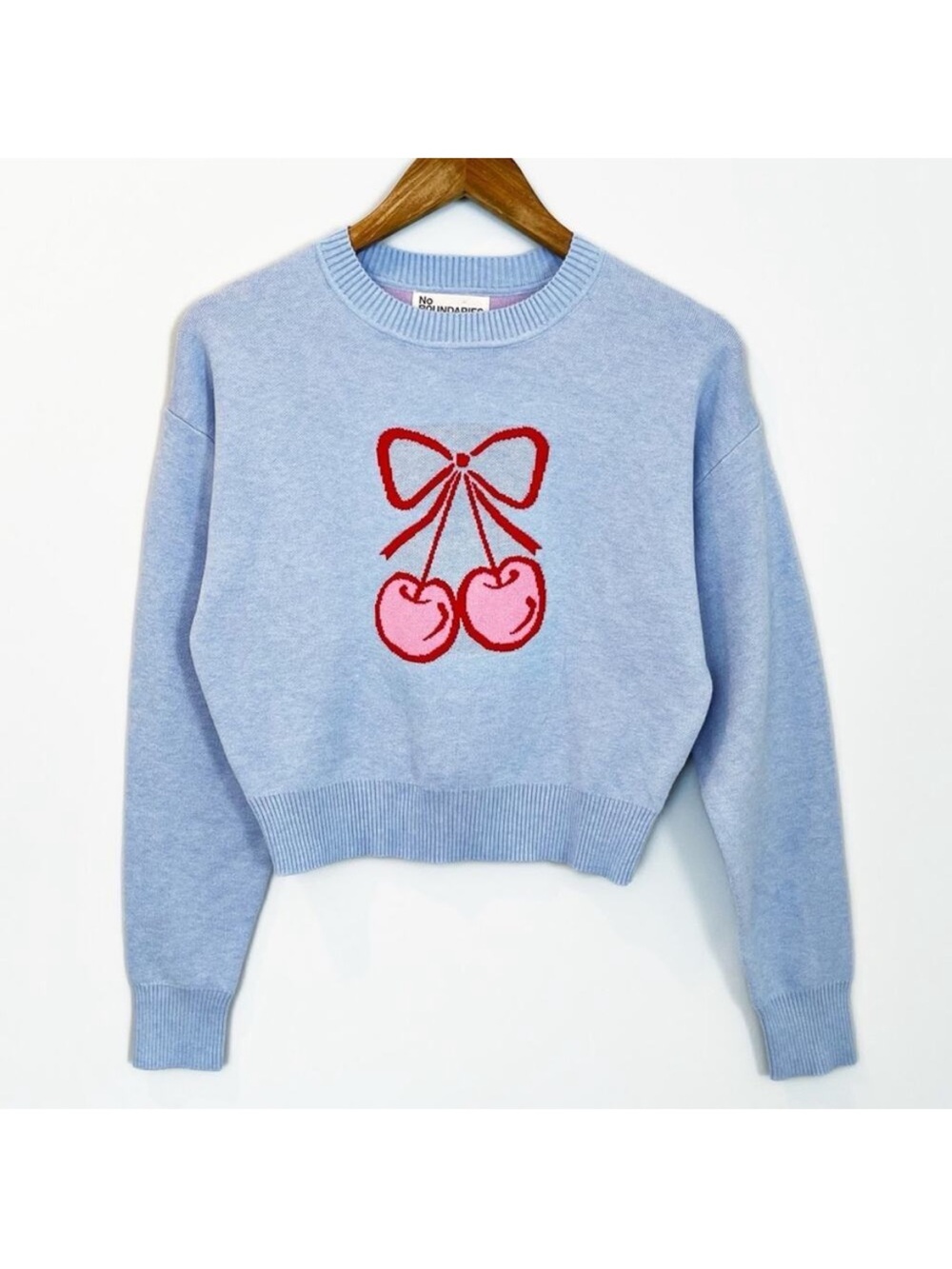 No Boundaries Cherry Design Sweater Light Blue Red Size Small EUC